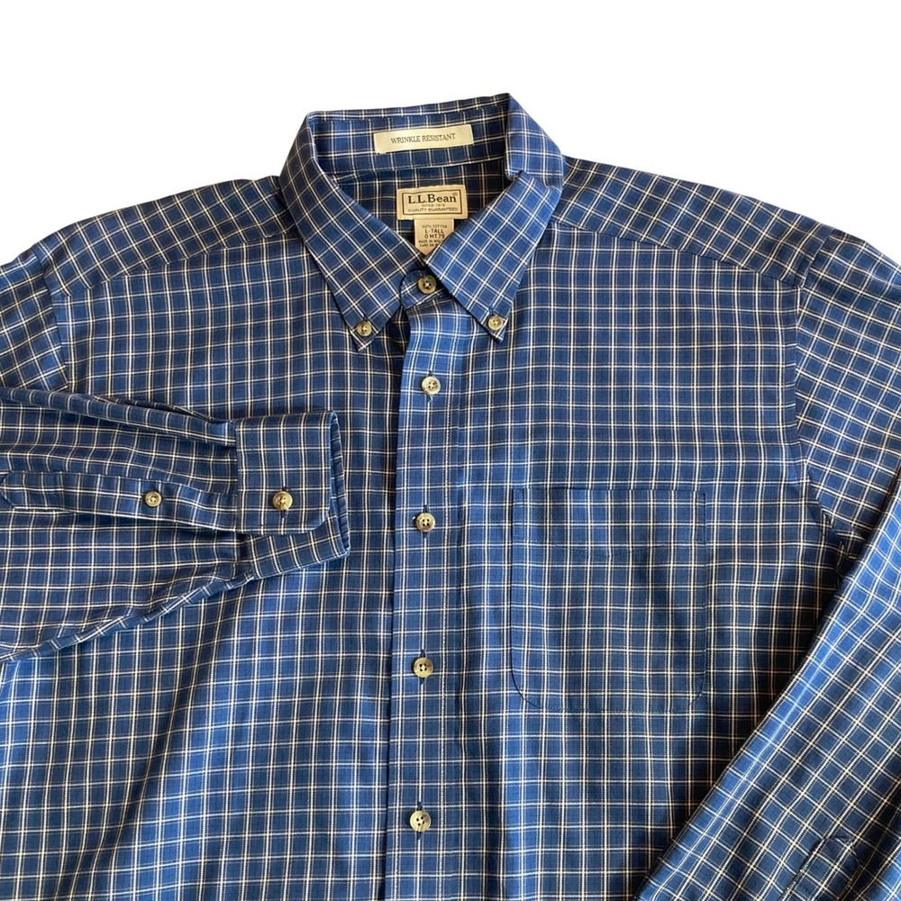 LL Bean Mens Large Tall Wrinkle Resistant Blue Plaid Cotton Button Down Shirt